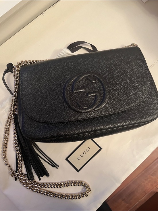 Gucci Handbags - Authentic Gucci Black Pebbled Leather Crossbody with Tassel and Chain
